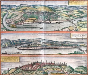 Pohledy na Treves (Treveris), Koblenz (Coboletz) a Rothenburg (Rotenburgum), Německo (lept