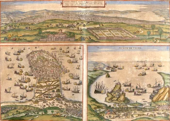 Pohledy na Tunis (Tunes) a Mahdia (Aphrodisium) v Tunisku a Penon de Velez de la Gomera nebo Badis (Bades) (Penon de Veles), penon de Veles, sporný mezi Španělskem a Marokem (lept).