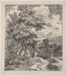 Talíř 3: pastýř sedící na kopci, kráva a dvě ovce vlevo a město v ri..., ca. 1700-25.