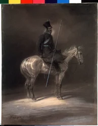 Kozák na koni. Kozák na koni. Kresba Franze Krugera (1797-1857)