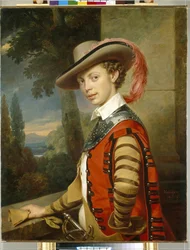 Portrét prince Nicolase Saltykova v přestrojení. (Portrét prince Nikolaje Saltykova v maškarních šatech). Obraz Franze Krugera (1797-1857), olej na plátně