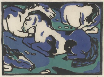 Ruhende Pferde (Odpočívající koně), 1911-1912, vytištěno 1916 (dřevořez v černé, modré a zelené barvě na japonském papíře)