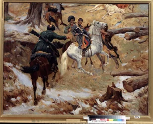 Smrt generálního velitele Nikolaje Slepcova (1815-1851) zabitého Čečenci v boji 10. prosince 1851 během kavkazské války (dobývání Kavkazu) v Čečensku. (Smrt generálmajora Nikolaje Slepcova v boji v Čečensku dne