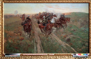 Scéna z bitvy u Kuryuk Dara v červenci 1854 (Scéna z bitvy u Kuryuk Dara v červenci 1854). Obraz Franze Roubauda (1856-1928). Olej na plátně