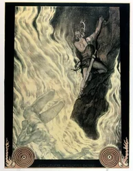 Siegfried a Locke, ilustrace k Prstenu Niebelungů od Richarda Wagnera (1813-83), před rokem 1914 (barevné lito)