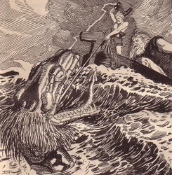 Thor a Hymir Fishing. Ilustrace k filmu Edda: Germánští bohové a hrdinové od Hanse von Wolzogena