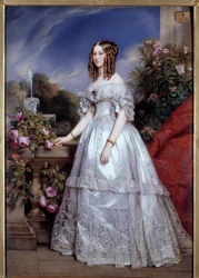 Portrét vévodkyně z Nemours Portrét vítězství Saxe-Coburg-Gotha (1822-1857) manželka vévody z Nemours. Obraz M. P. Juliena Laurenta (1805-1860) podle Franze Xaviera Winterhaltera. 1846. Paříž, dekorativní umění - celovečerní portrét Du