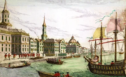 Vylodění anglických vojsk v New Yorku, 29. června 1776 (barevná rytina)