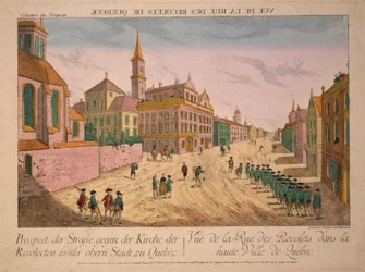 Vue de la Rue des Récollets de Quebec, vydáno kolem 70. let 18. století (ručně kolorovaná rytina)