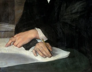 Portrét architekta Karla Berckmullera (1800-1879), detail zkřížených rukou v letadle. Jeden z nich drží kompas. Obraz Franze Xavera Winterhaltera (1806-1873) Ec. Všechno.
