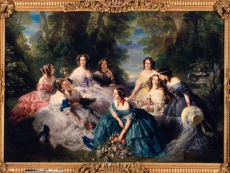Impress Eugenie (1826-1920) v roce 1855 obklopila čestné dámy paláce. Zleva dole doprava: princezna z Esslingu, velká mariánka; Baronka z kamenů, vikomtesa Lezay-Marnezia (Lezay Marnezia); Markýza z Montebella (slečna de Villeneuve). Na