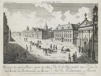 Vue d’Optique/Prospect des grossen Plazes gegen der Alten Sud Kirche der Presbiterianer zu Boston (Optický pohled/pohled na velká náměstí směrem k Old South Presbyterian Church v Bostonu), c. 1776 (lept a rytina, nekolorovaný na položený papír)