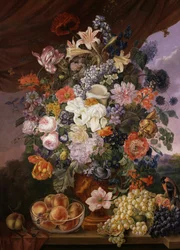 Ovoce a květiny na římse s krajinou. Obraz Franze Xavera Pettera (1791-1866) Soukromá sbírka.