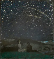 Les etoiles filantes (Franz et Mary von Stuck) - Shooting Stars (Franz a Mary Stuck), od Stuck, Franz, Ritter von (1863-1928). Olej na dřevě