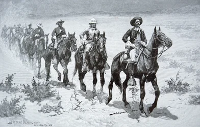 Američtí „Buffalo Soldiers“ pochodující v poušti, z kresby z roku 1888 (rytina)