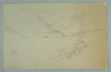 Kresba, Andské horské údolí s klikatým potokem, Kolumbie nebo Ekvádor, 1857