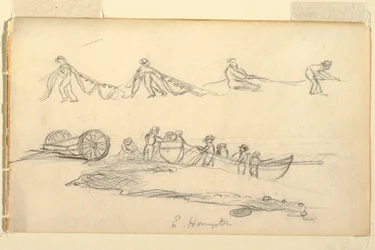 Kresba, člun se ženou a dětmi, červenec-srpen 1858