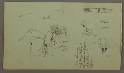 Kresba, balvany, dům, duben 1868