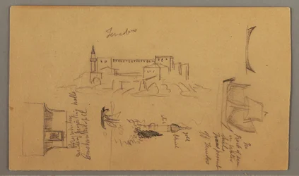 Kresba, hrad, minaret, plachetnice, dům, květen 1868