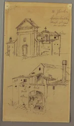 Kresba, kostel, budova, krytý most, pravděpodobně 1868-69