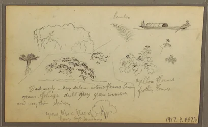 Kresba, kostel, věže; Verso: Postavy v kánoi, botanické skici, 1857