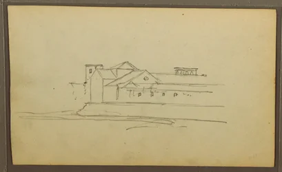 Kresba, kostel, věže; Verso: Postavy v kánoi, botanické skici, 1857
