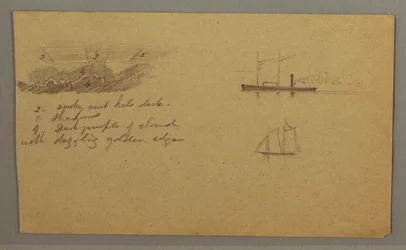Kresba, studie mraků, parník, plachetnice, pravděpodobně 1865-66