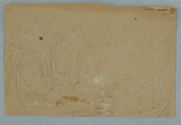 Kresba, Oblačná obloha nad kopcovitou krajinou; Verso: Měsíc v úplňku se odráží v potoce, 1845-50