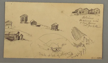 Kresba, Detaily horských chat, domů a skály, Bernské Alpy, Švýcarsko, 3. září 1868