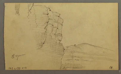 Kresba, El Yemen Valley, Arábie: Skalní stěna s horní částí připomínající řadu sloupů, 20. února 1868
