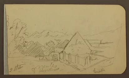 Kresba, zahrada, dům, Cuautla; Verso: kostel, stodola, Cuautla, únor 1885