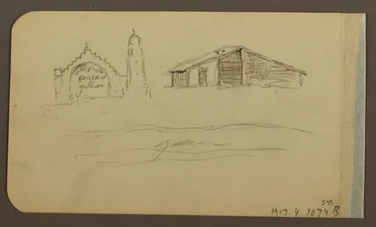 Kresba, zahrada, dům, Cuautla; Verso: kostel, stodola, Cuautla, únor 1885
