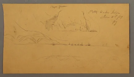 Kresba, přístav, plachetnice, hory, 21. června 1859