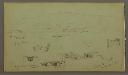 Kresba, Hill Range Across Plain, Ruiny, 28. dubna 1868