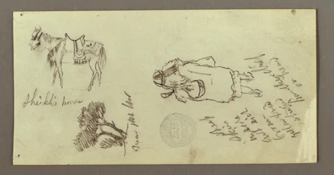 Kresba, kůň, postava zezadu, stromy, pravděpodobně 1868