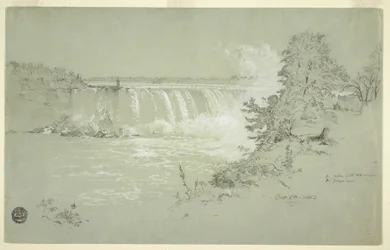 Kresba, vodopády Horseshoe Falls a Kozí ostrov z Kanadské banky, 6. října 1856