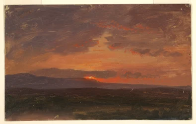 Kresba, Hudson Valley, New York se zapadajícím sluncem za Catskillskými horami, 1855-65