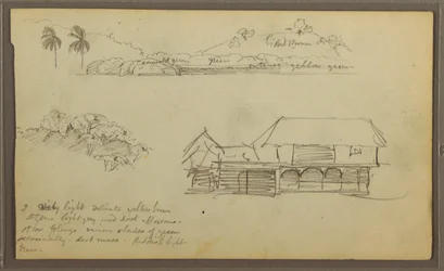 Kresba, krajina, vrcholky stromů, dům, 1857