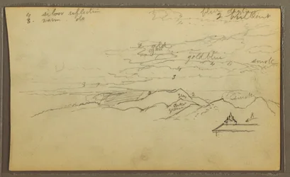 Kresba, krajina; Verso: loď, botanické náčrty, 1857