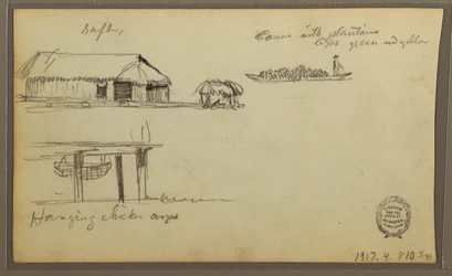 Kresba, krajina; Verso: domy, kánoe, 1857