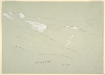 Kresba, Krajina v Bernských Alpách, poblíž Bel Alp, Švýcarsko, září 1868