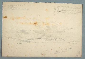 Kresba, Krajina v údolí Hudson; verso: náčrt kostela se stromovými loděmi, 14. června 1870
