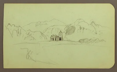 Kresba, Krajina s kostelem; Verso: Krajina, 1883