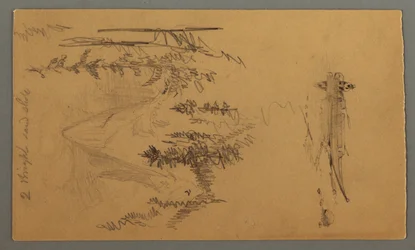 Kresba, Muž ve člunu, Skalnatý vrchol nad borovicemi, pravděpodobně 1868