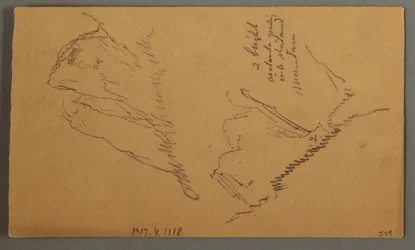 Kresba, Muž ve člunu, Skalnatý vrchol nad borovicemi, pravděpodobně 1868