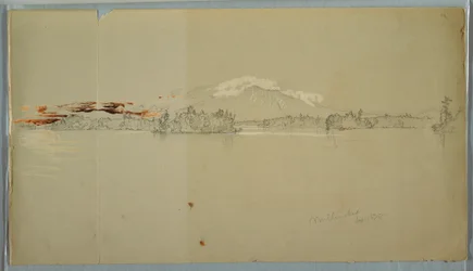 Kresba, jezero Millinocket, pohled na horu Katahdin, září 1878