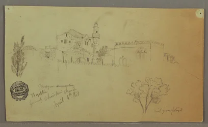Kresba, mešita a přilehlé budovy, stromy, 4. dubna 1868