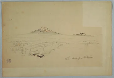 Kresba, Hora Chimborazo, pohled z Riobamby, Ekvádor, červenec 1857