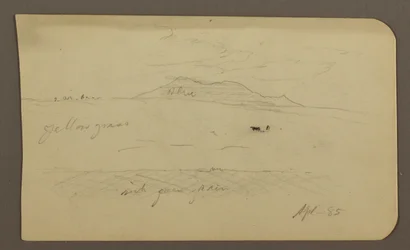 Kresba, Horská krajina; Verso: Kostel s kopulí, duben 1885