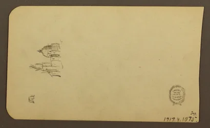 Kresba, Horská krajina; Verso: Kostel s kopulí, duben 1885